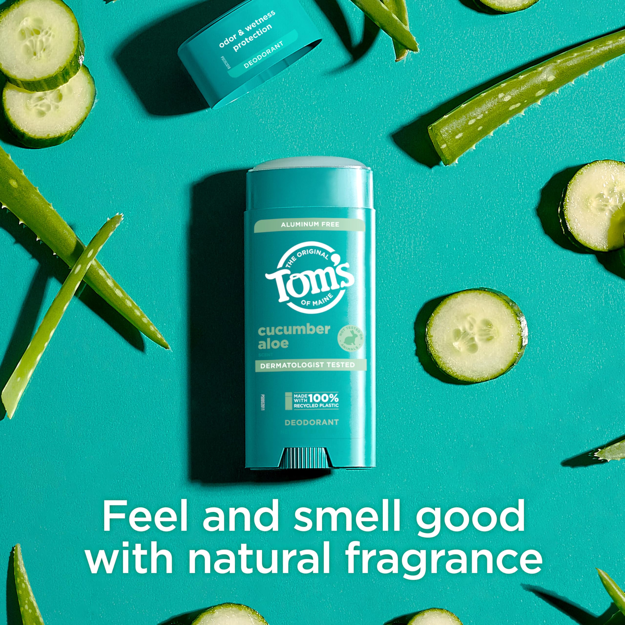 Aluminum-free Tom's of Maine Cucumber Aloe deodorant label on the stick