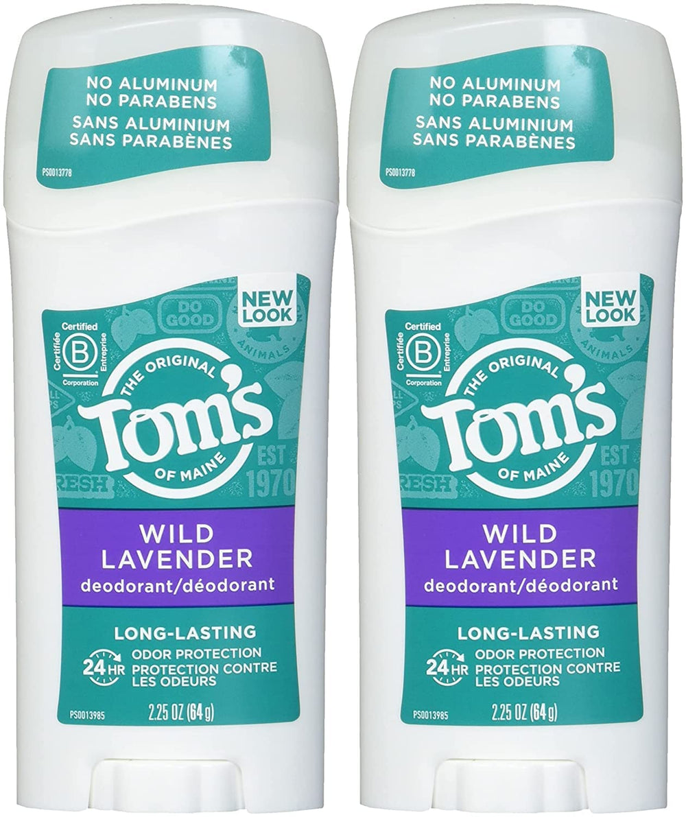 Tom's of Maine lavender deodorant stick packaging showing aluminum-free formula.