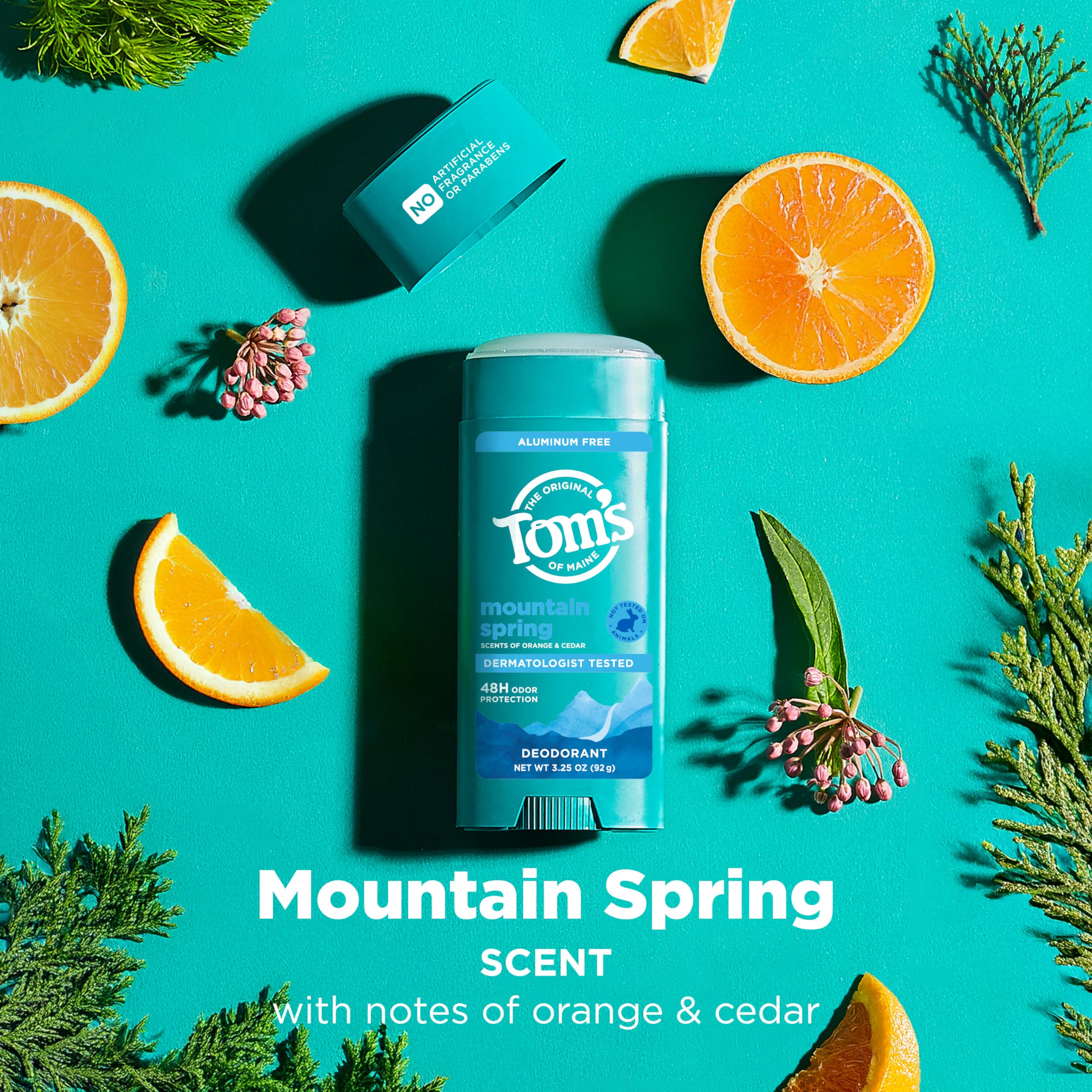 Glide of Tom's of Maine Mountain Spring deodorant demonstrates long-lasting underarm protection.