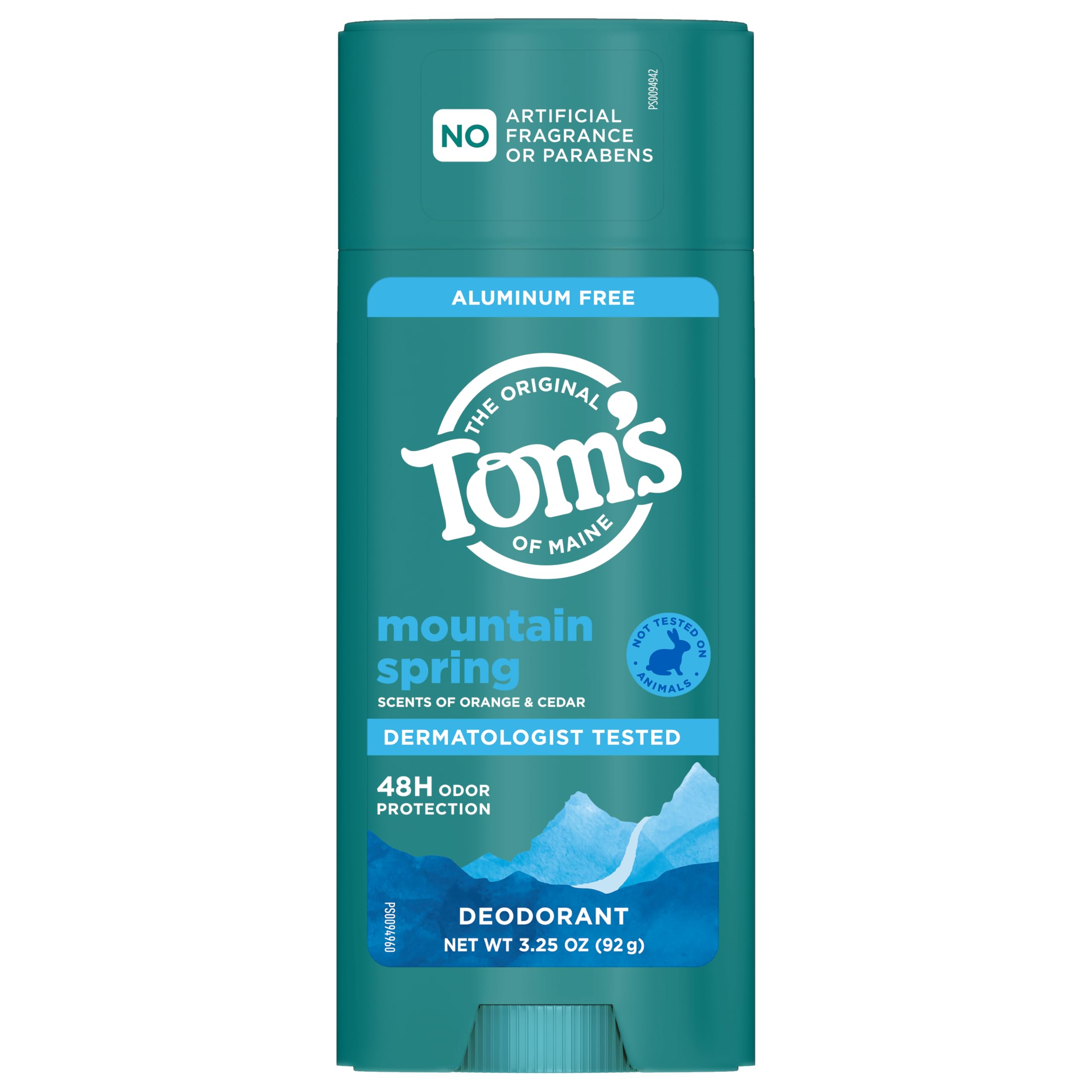 Container of Tom's of Maine Mountain Spring deodorant made from recycled plastic.