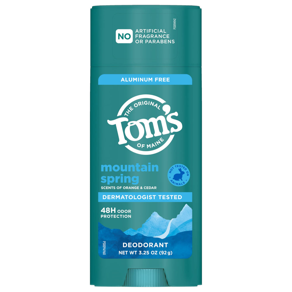 Container of Tom's of Maine Mountain Spring deodorant made from recycled plastic.