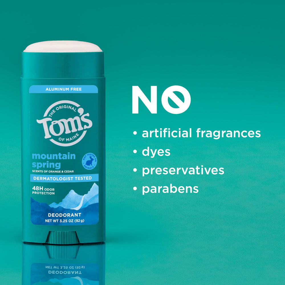 Tom's of Maine Mountain Spring deodorant vegan and cruelty-free formulation.
