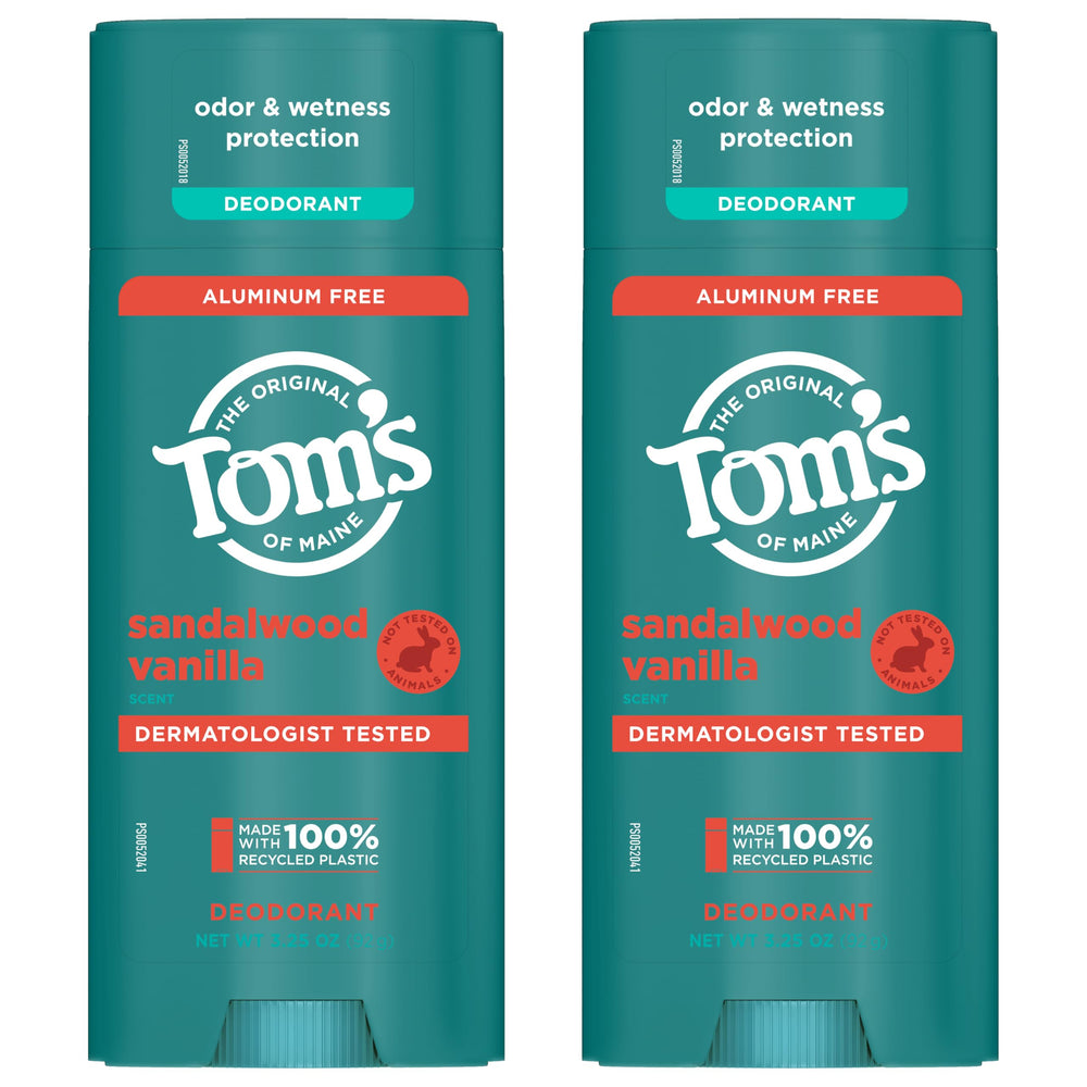 Tom's of Maine natural fragrance scent details suggest sandalwood vanilla notes.