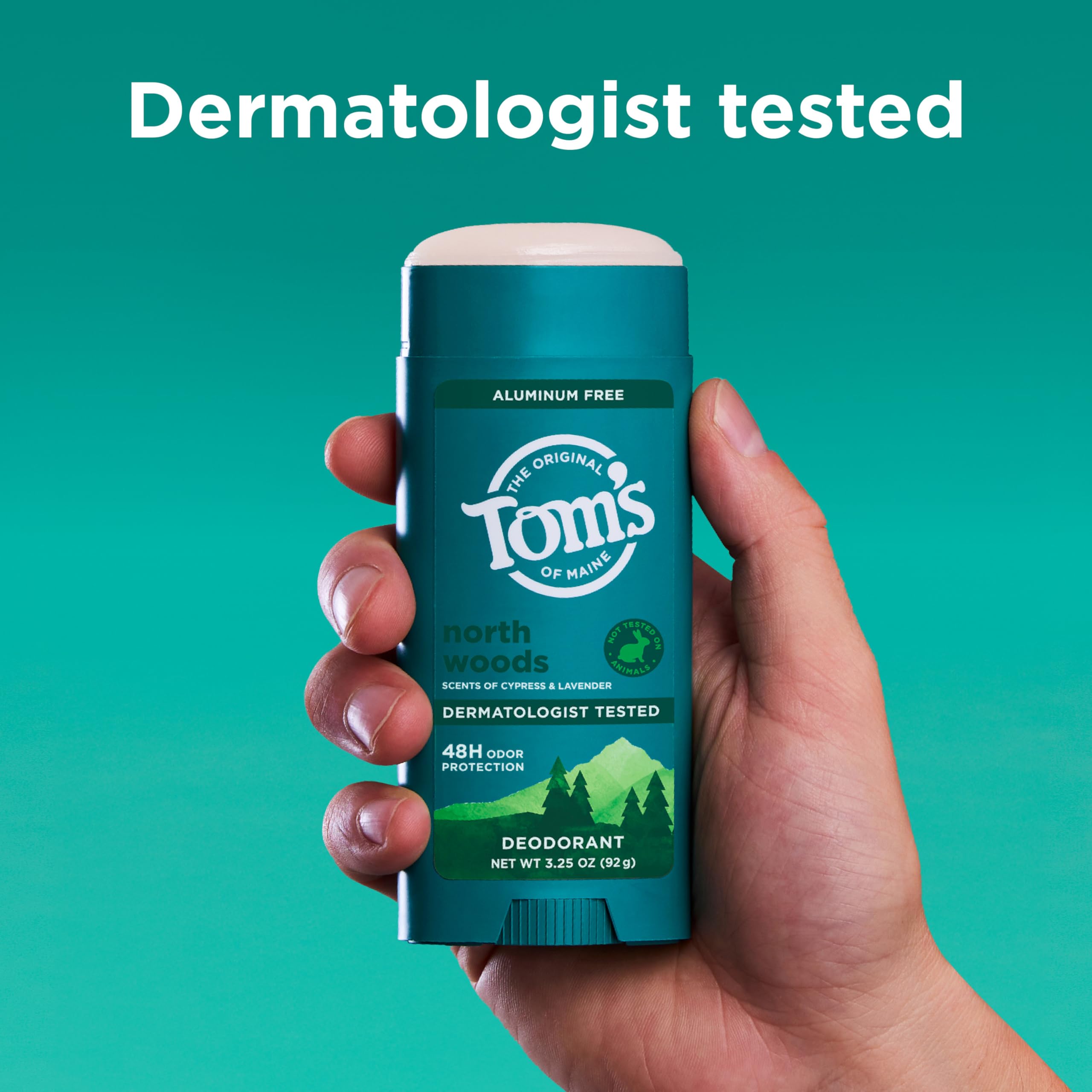 Clear-on-skin application shown by North Woods deodorant leaving no white residue