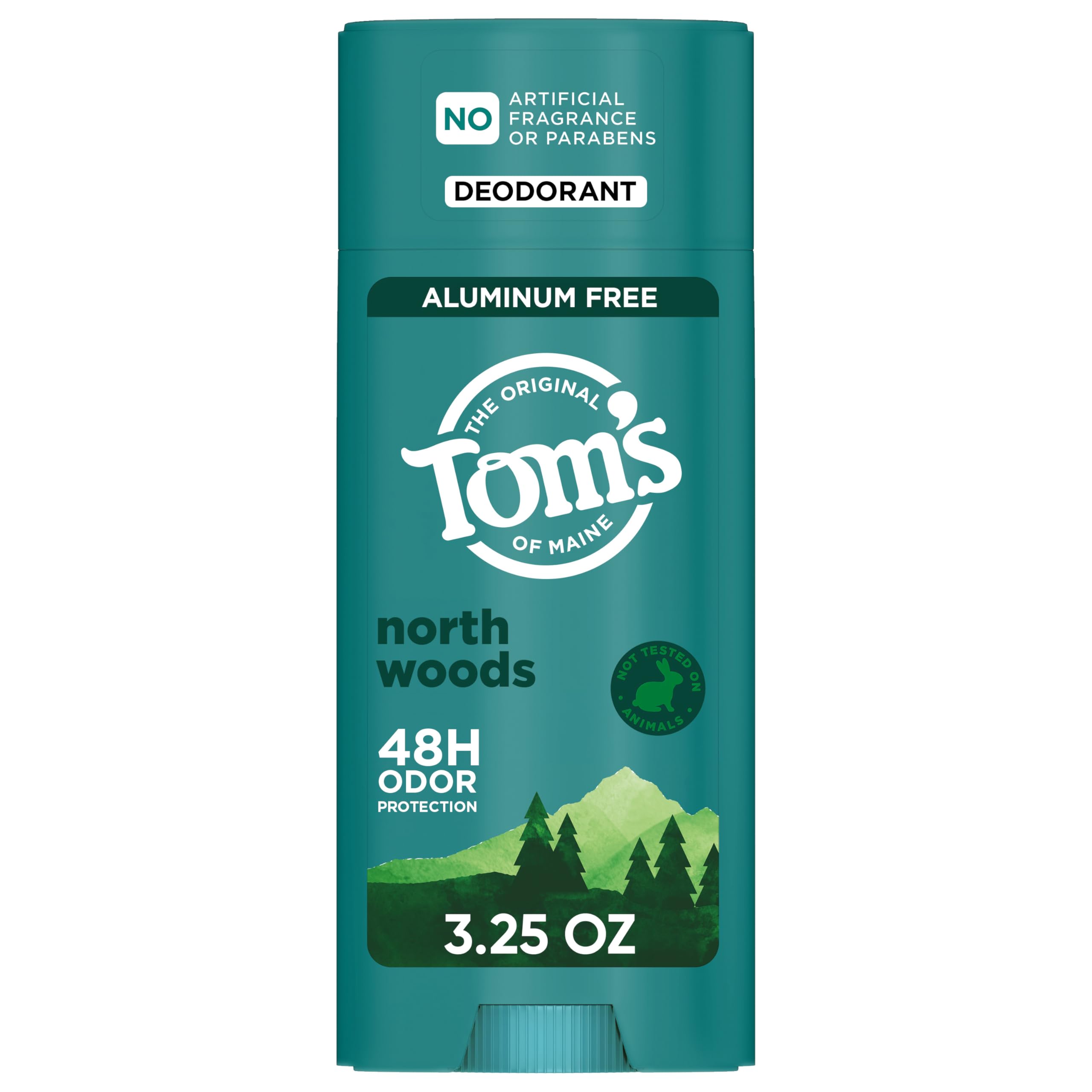 Tom's of Maine North Woods deodorant packaging in 3.25 oz recycled plastic container