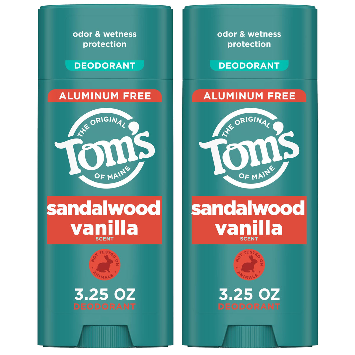 Tom's of Maine Sandalwood Vanilla deodorant stick label highlights aluminum-free protection.