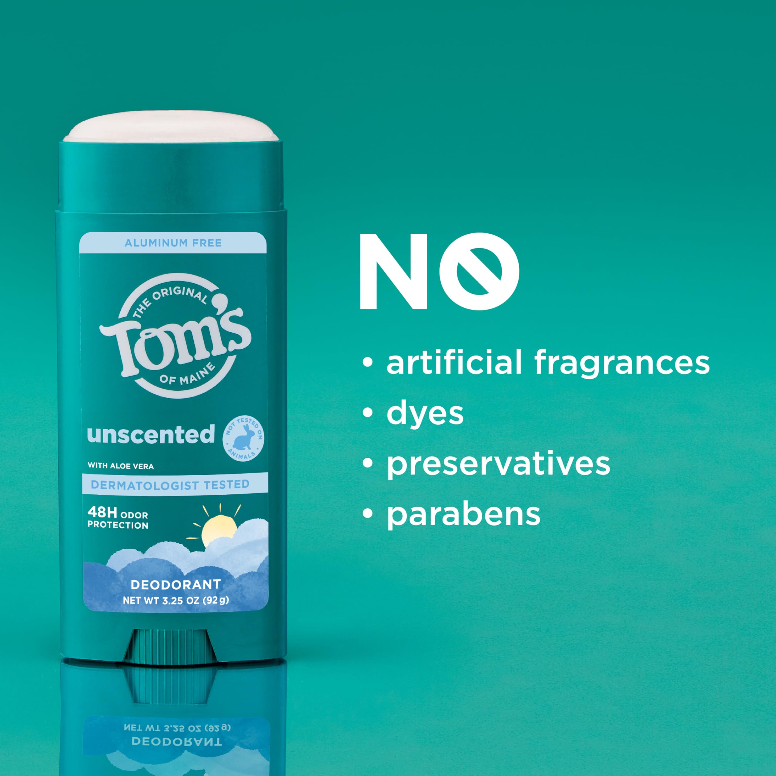 After application, Tom’s of Maine Unscented deodorant dries clear and non-greasy.