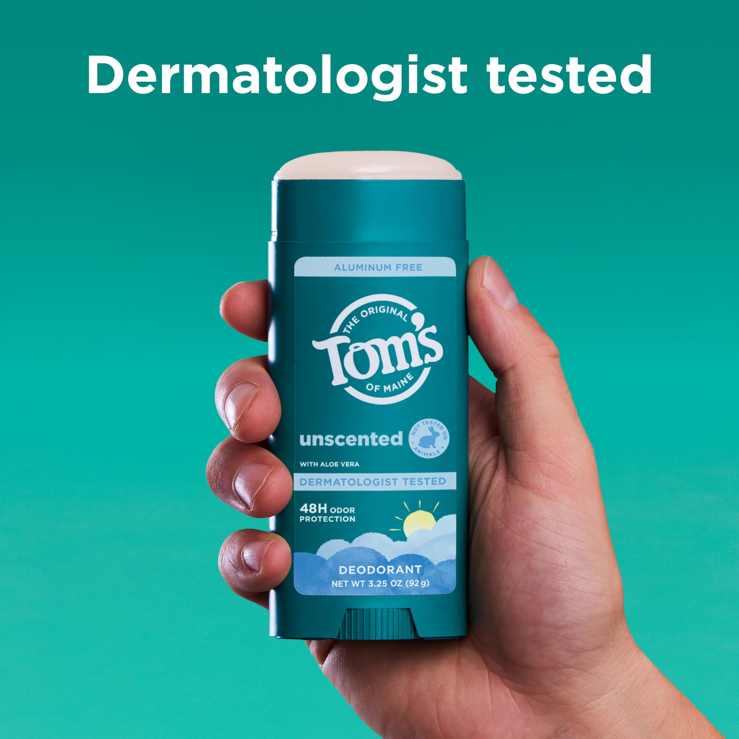 Eco-friendly packaging image showing recycled plastic container for Tom’s of Maine Unscented.