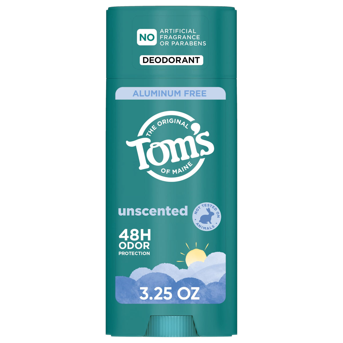 Tom’s of Maine Unscented deodorant stick close-up with smooth glide and clear finish.