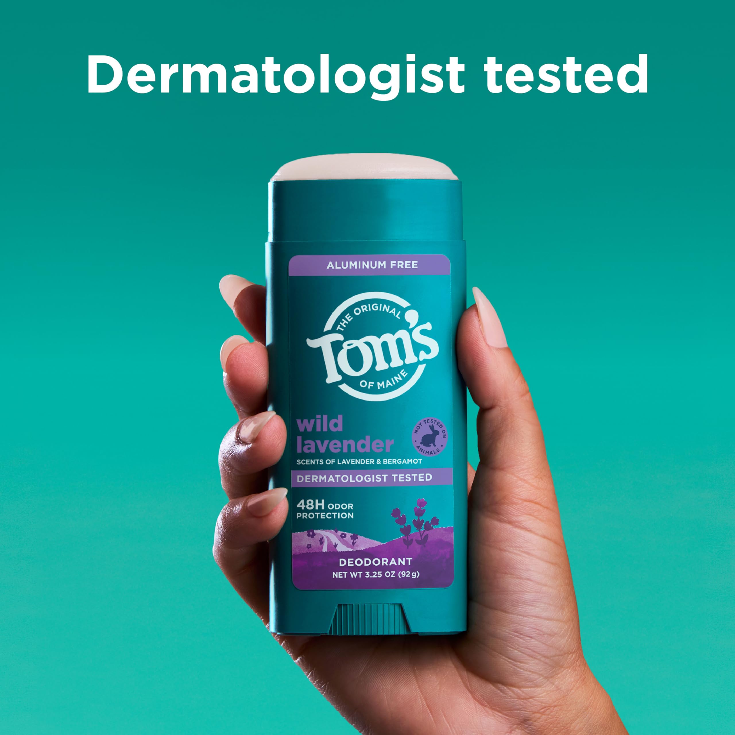 Label close-up showing aluminum-free claim on Tom’s of Maine Wild Lavender