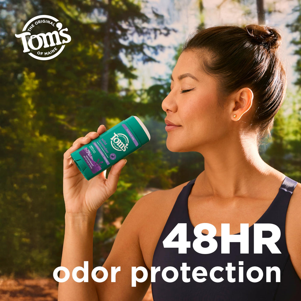 Front packaging of Tom’s of Maine Wild Lavender deodorant with vegan formula