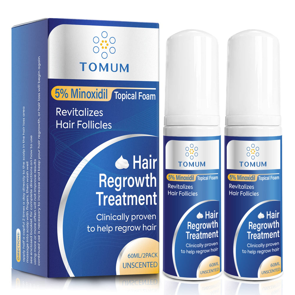 TOMUM 5% Minoxidil Foam bottle highlights thinning hair support.