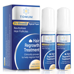 TOMUM 5% Minoxidil Foam bottle highlights thinning hair support.