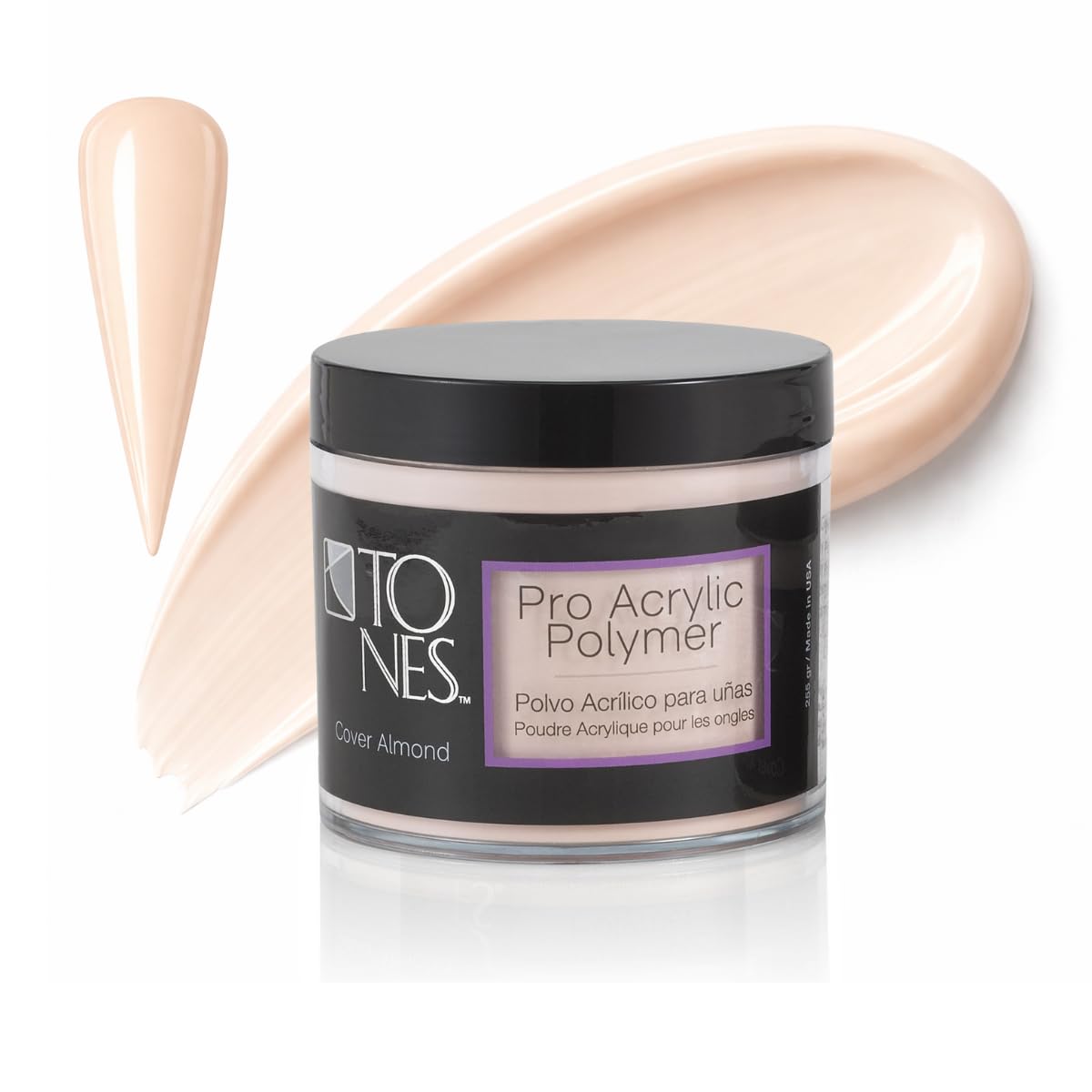 TONES Pro acrylic powder bottle pouring for even coverage and long-lasting wear