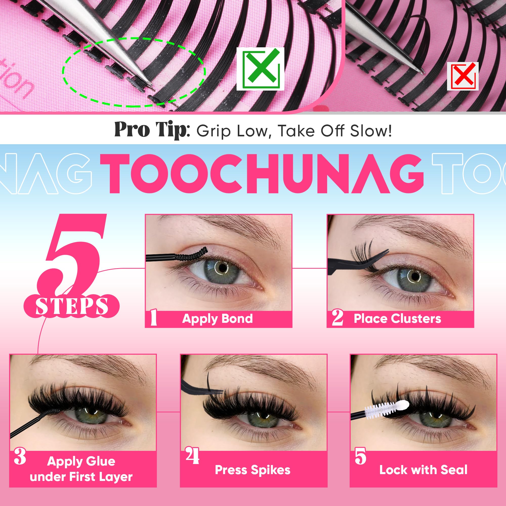 TOOCHUNAG instruction-ready guide showing spike placement and layering.