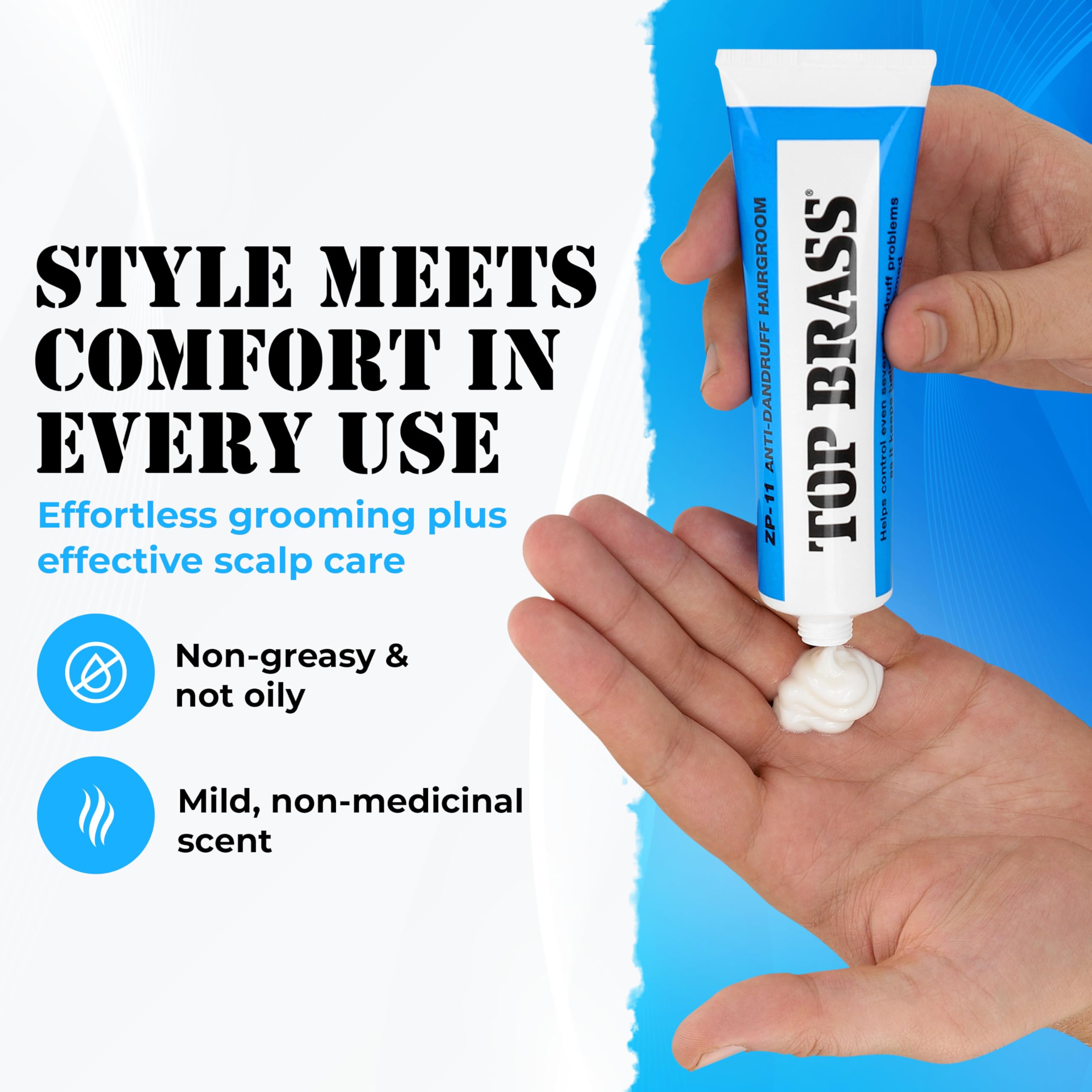 Top Brass non-greasy finish for clean, manageable hair