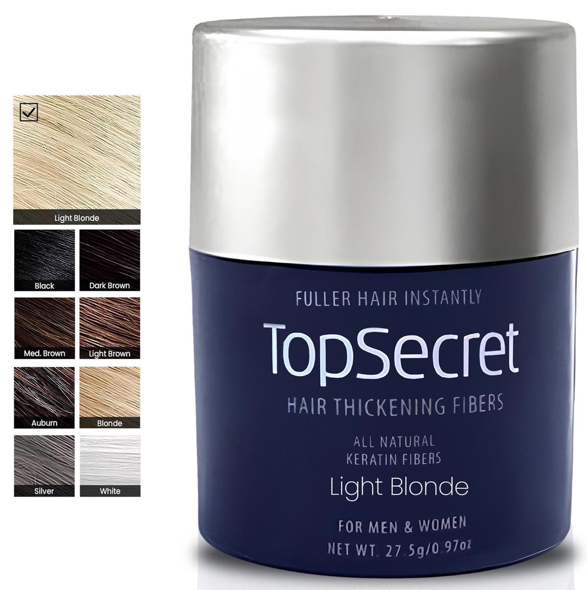 Top Secret Hair Building Fibers refill bottle shown for extended use and quick touch-ups.