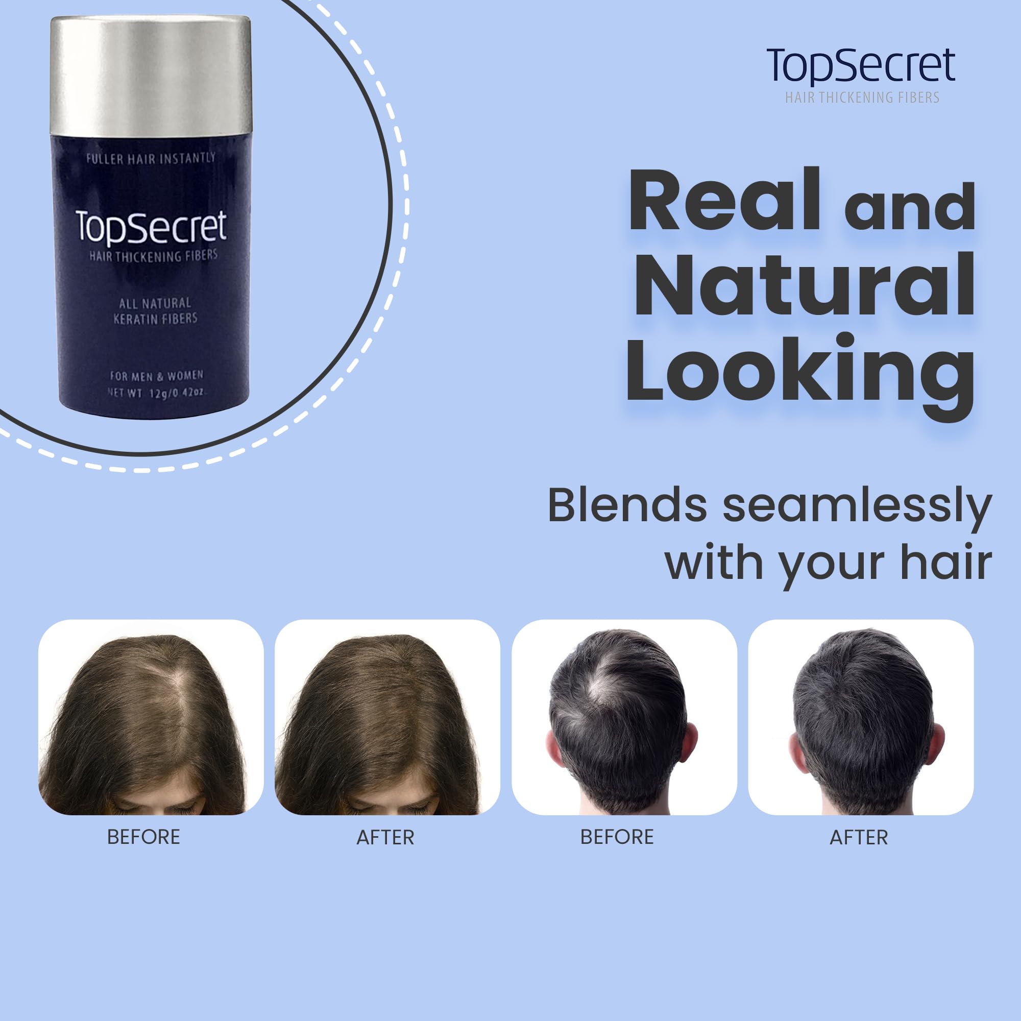 Top Secret Hair Building Fibers refill jar close-up shows natural, undetectable coverage.