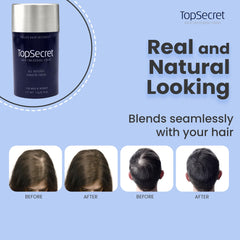 Top Secret Hair Building Fibers refill jar close-up shows natural, undetectable coverage.