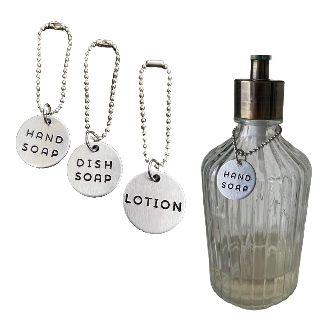 Top Shelf Tags hand soap tag labeling a pump dispenser for quick identification.
