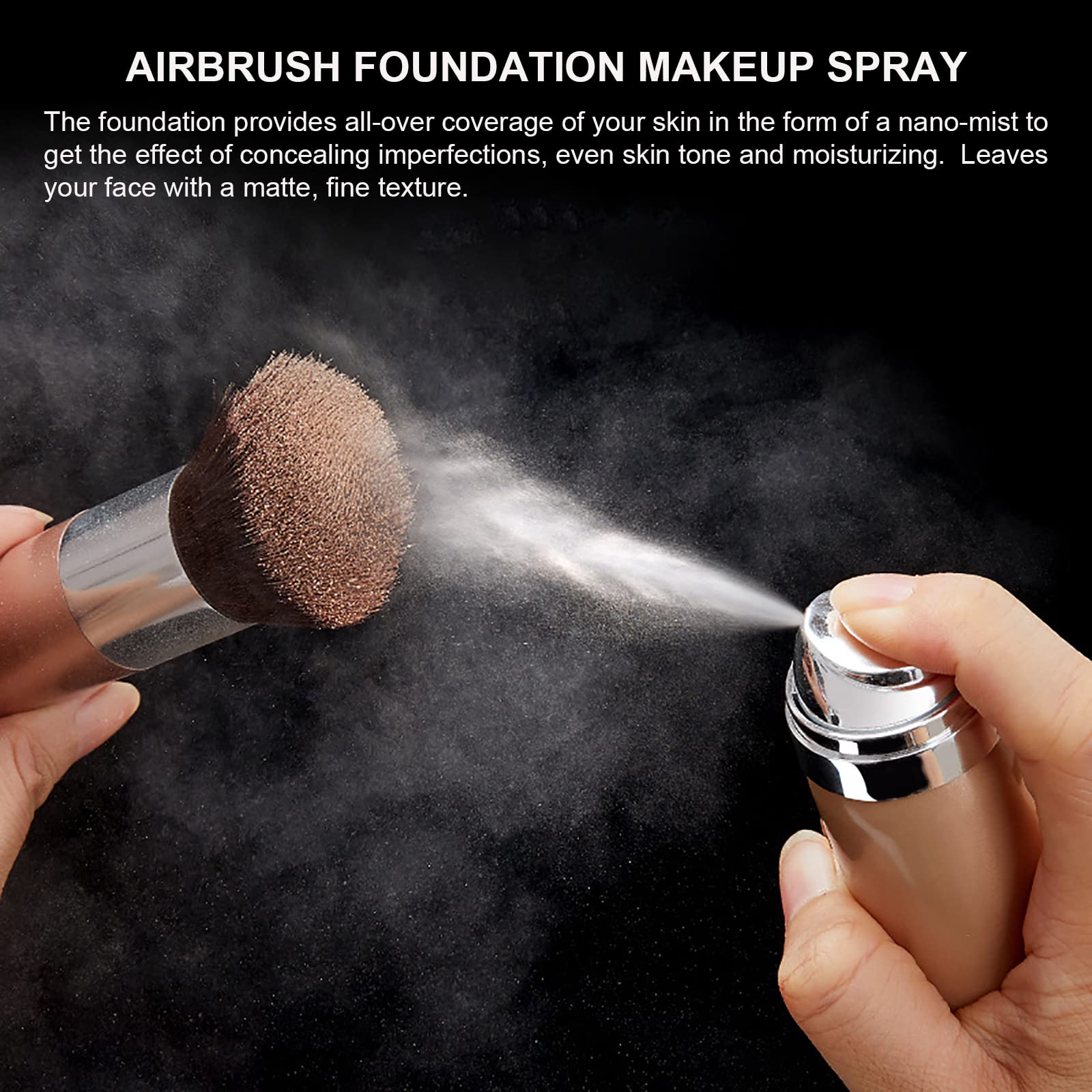 Topcent foundation spray in use with included brush for even application.