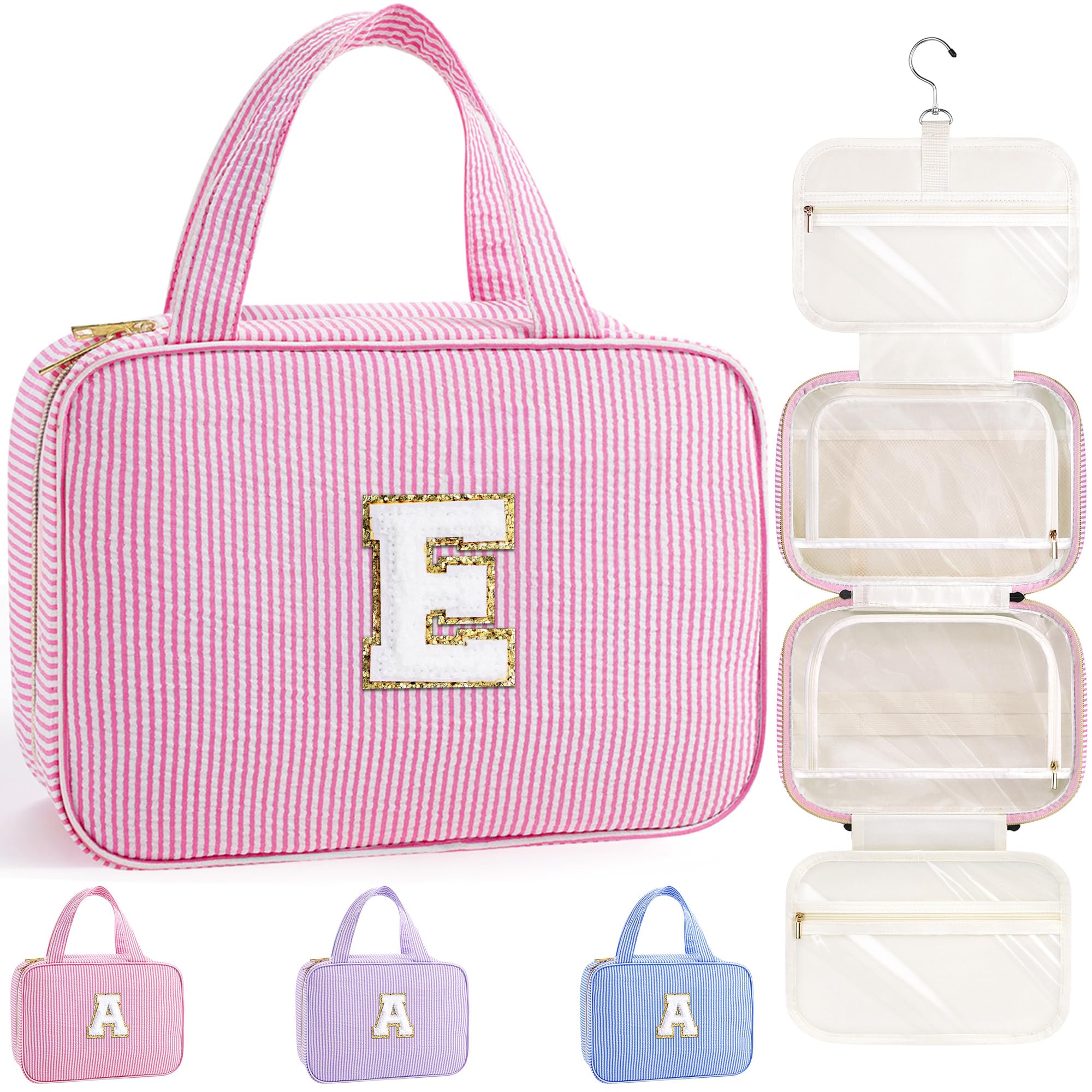 TOPEAST travel hanging toiletry bag in pink with letter E for easy access