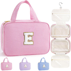 TOPEAST travel hanging toiletry bag in pink with letter E for easy access