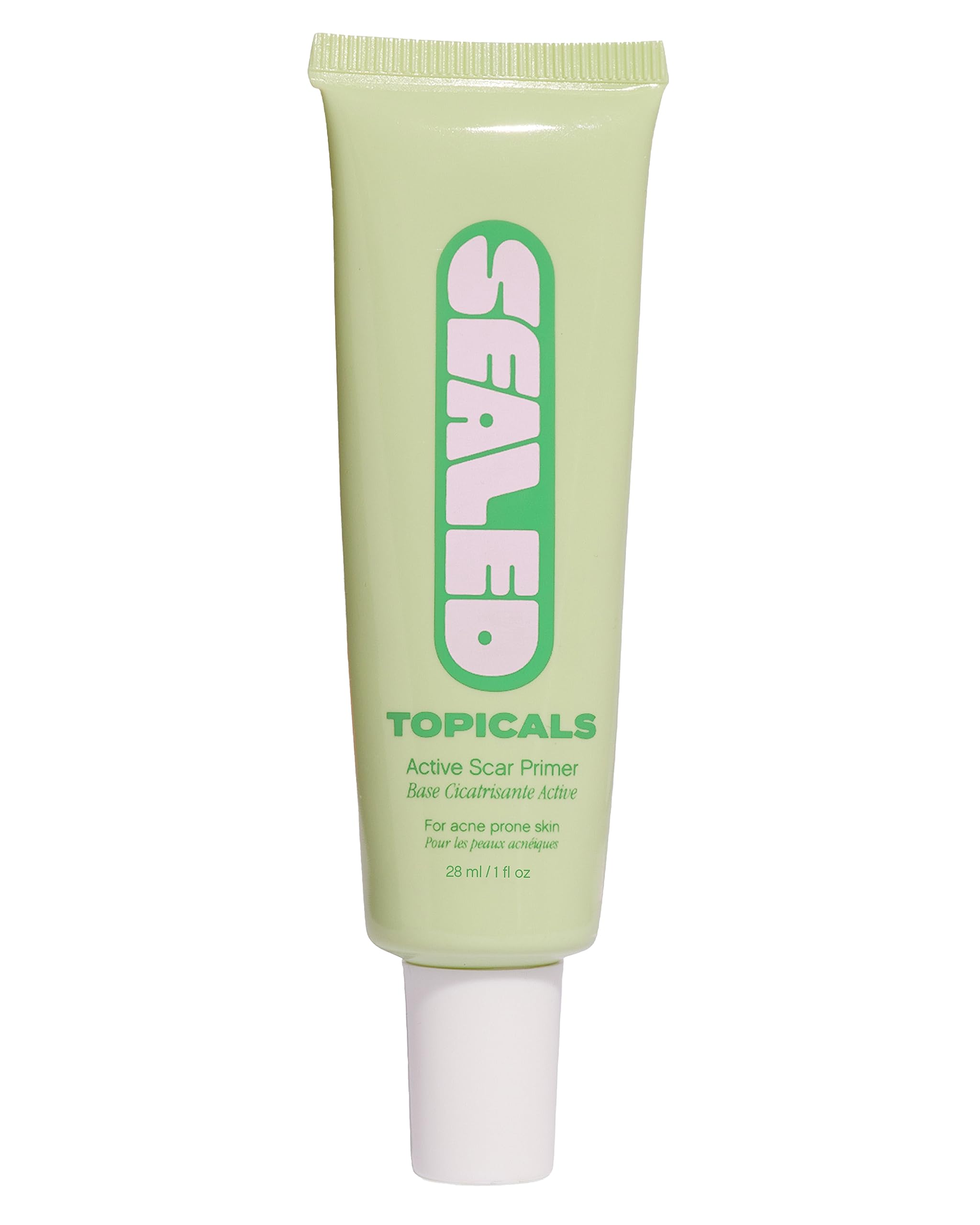 Topicals Sealed primer bottle close-up for smoothing scar textures