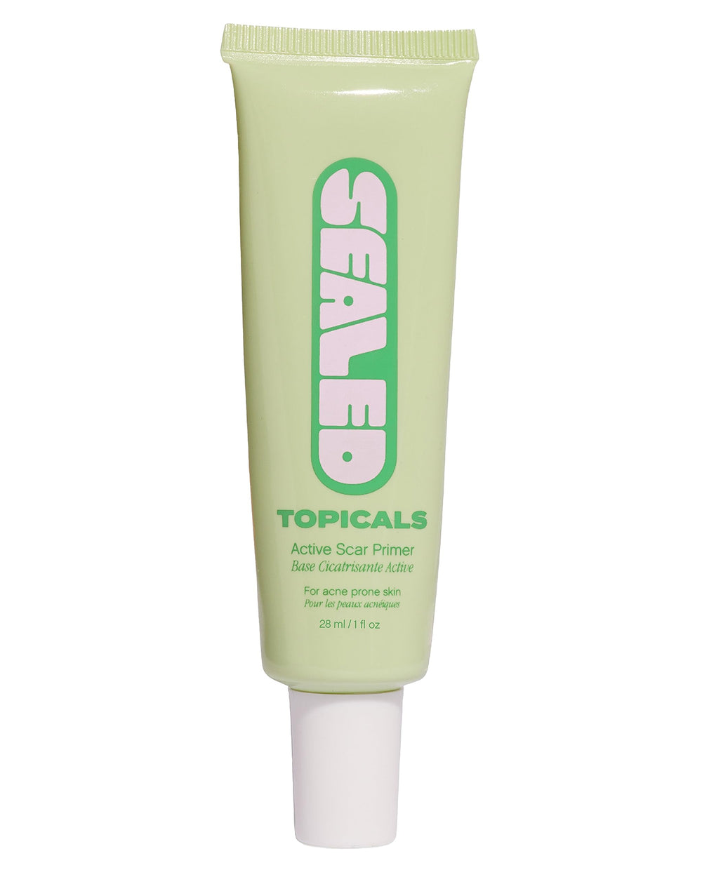 Topicals Sealed primer bottle close-up for smoothing scar textures