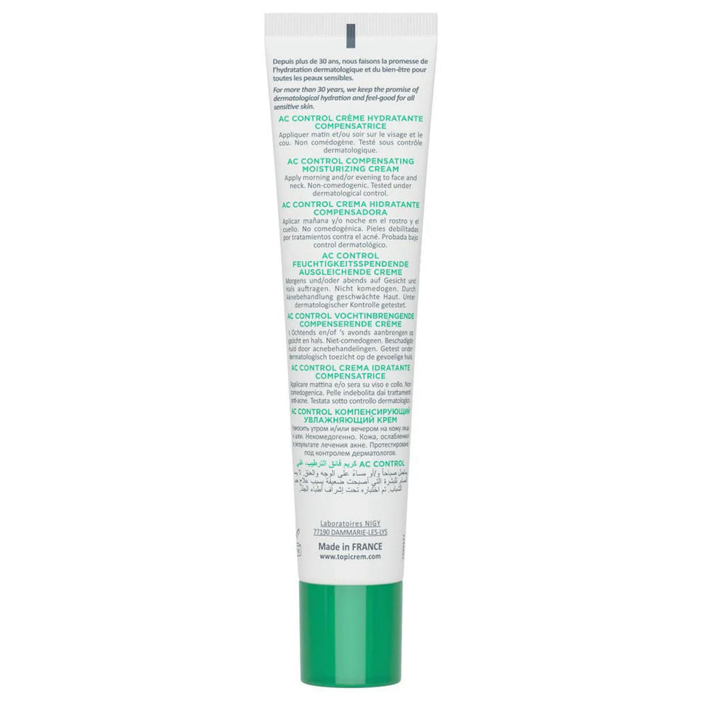 Topicrem AC cream swirl on skin demonstrates a balanced, gentle moisturizing texture.