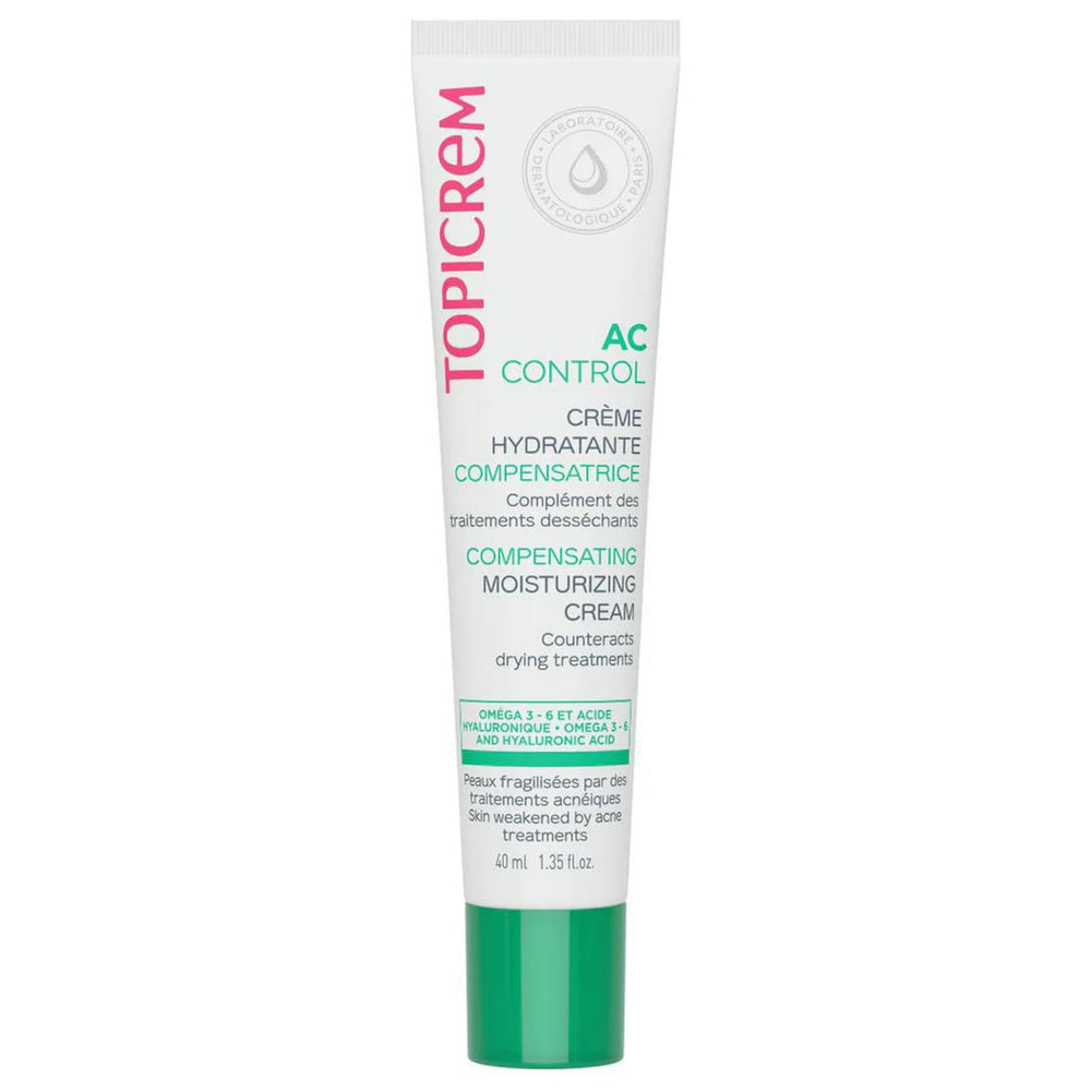 Topicrem AC compensating moisturizing cream 40ml jar front showcases soothing hydration for sensitive skin.