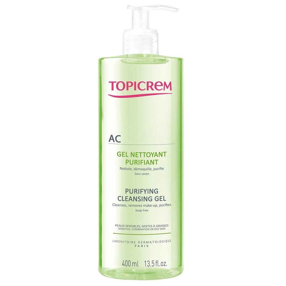 Topicrem AC Purifying Cleansing Gel bottle—purifies and refreshes skin with gentle cleansing.