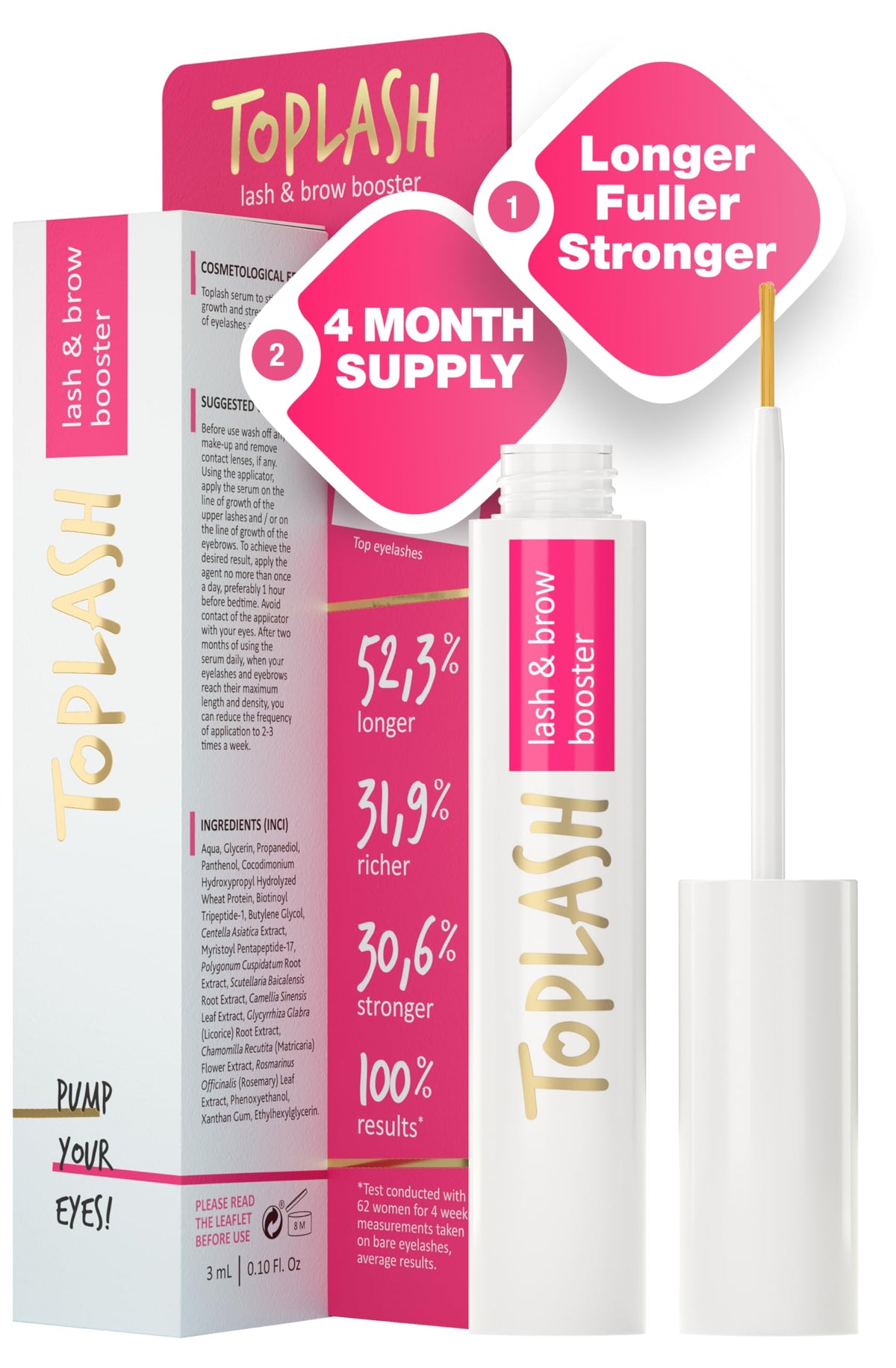 Toplash Eyelash Growth Serum bottle close-up for nourished, fuller lashes.