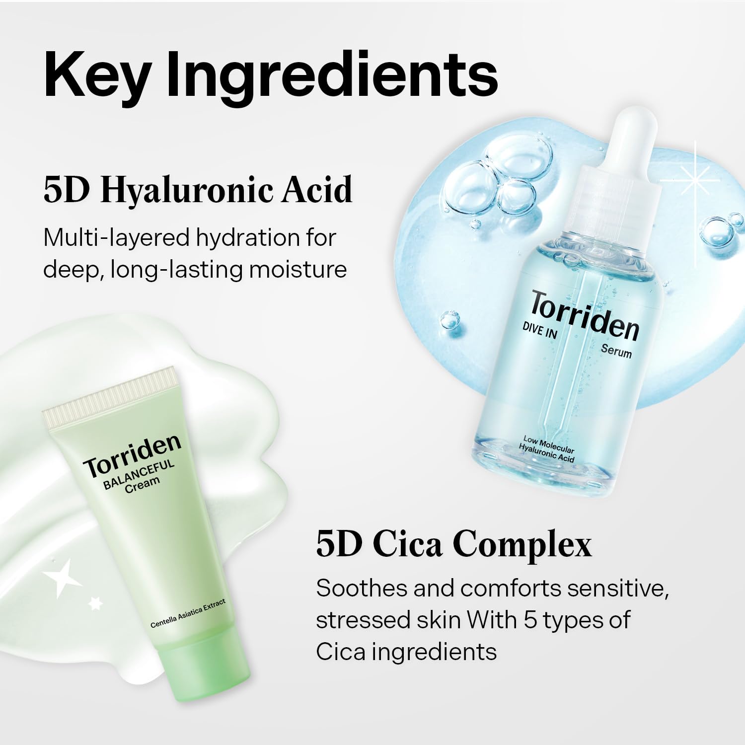 5D Hyaluronic Serum close-up shows five-weight hydration.