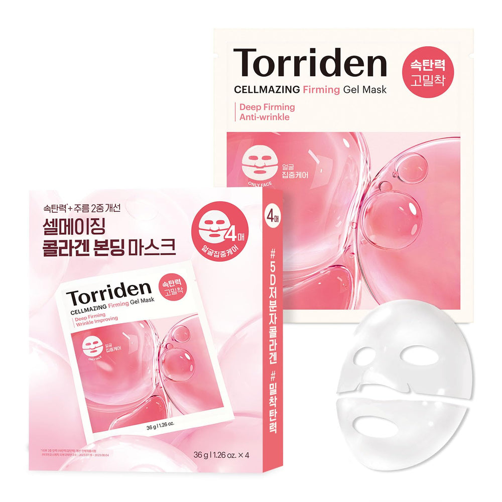 Torriden Cellmazing collagen gel mask applied to the face for firming hydration.