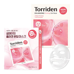 Torriden Cellmazing collagen gel mask applied to the face for firming hydration.