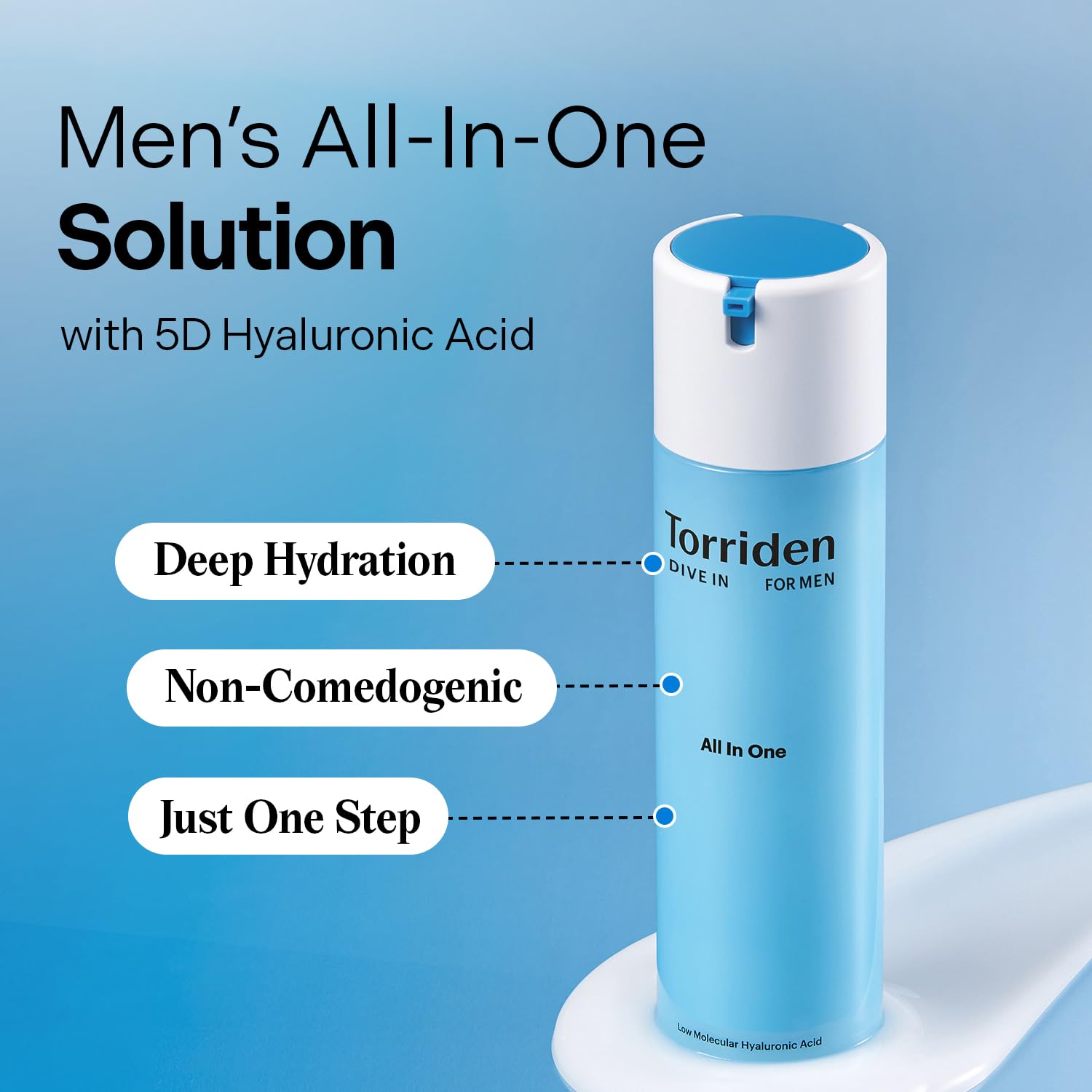 Torriden DIVE IN FOR MEN fluid texture image suggests non-sticky, smooth finish