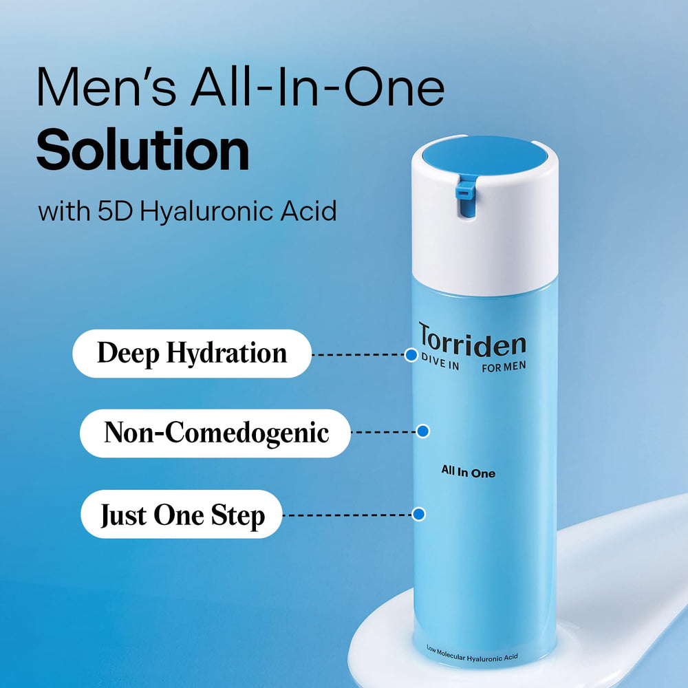 Torriden DIVE IN FOR MEN fluid texture image suggests non-sticky, smooth finish