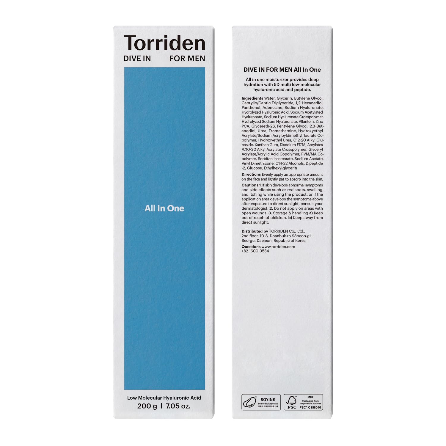 Torriden DIVE IN FOR MEN 200ml bottle on shelf communicates clean beauty promise