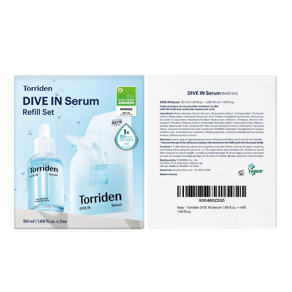 Torriden DIVE IN Serum logo close-up reinforces premium Korean skincare.