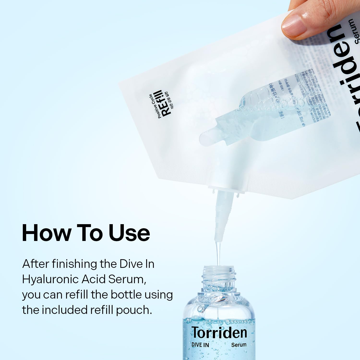 Torriden DIVE IN Serum bottle emphasizes clean beauty and vegan values.