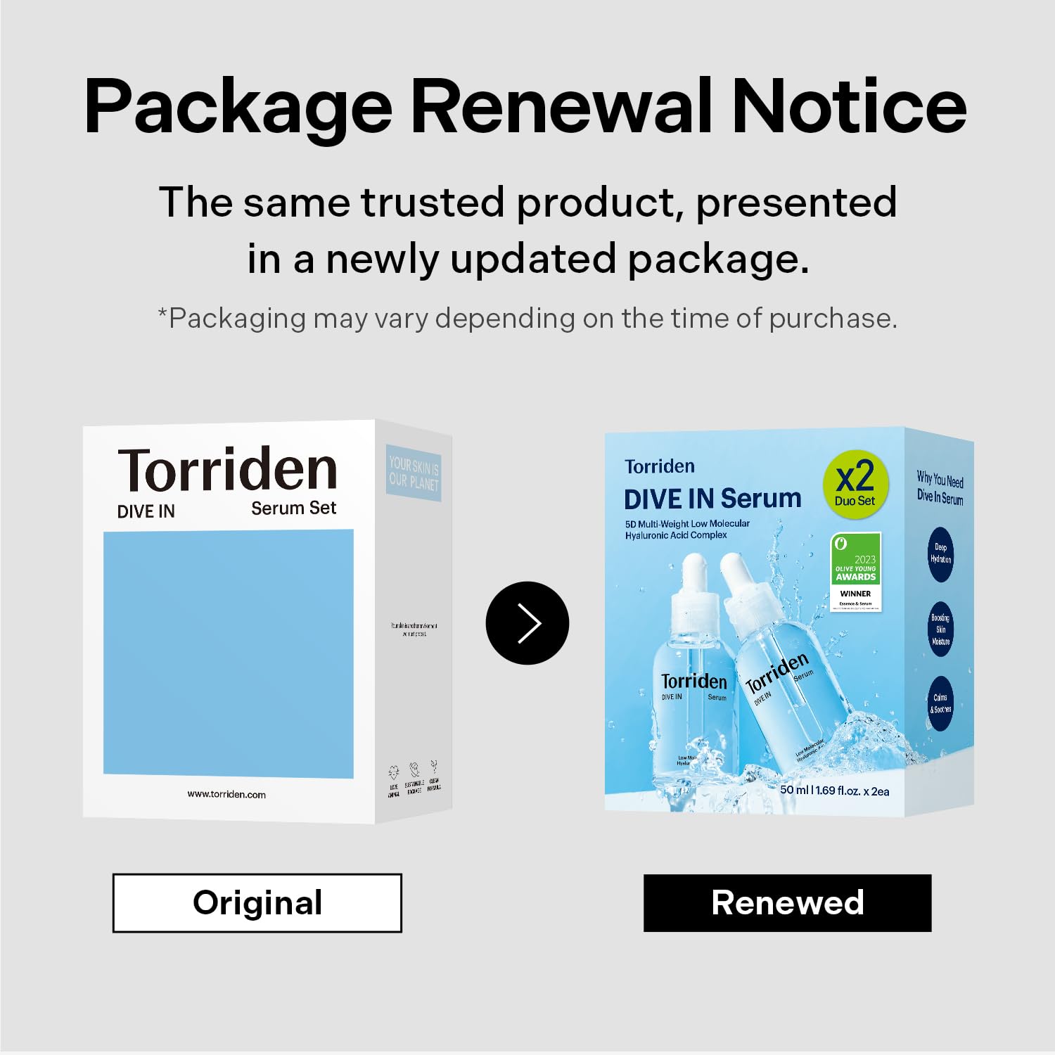 Torriden DIVE IN packaging emphasizes vegan and clean beauty.