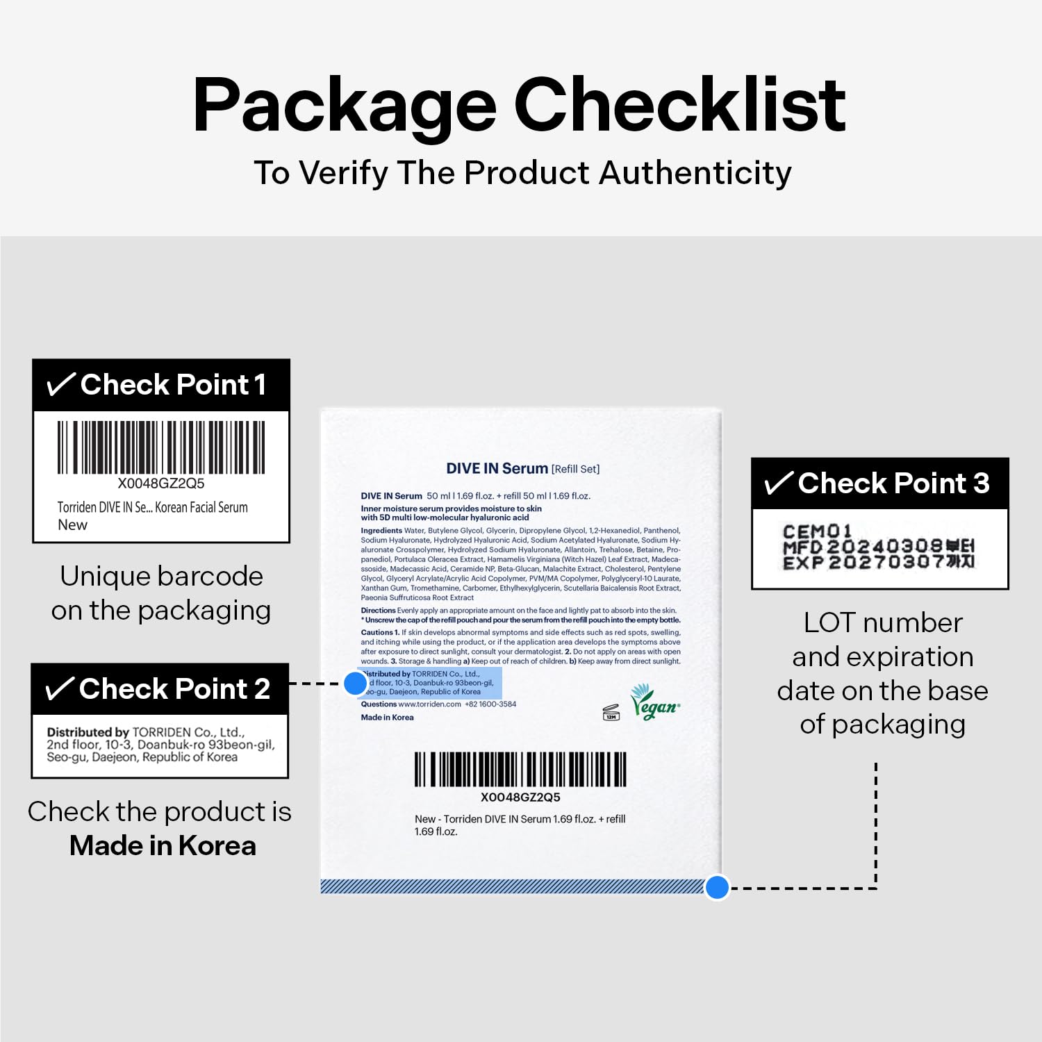 Torriden DIVE IN Serum packaging front view communicates safety with factory seals.
