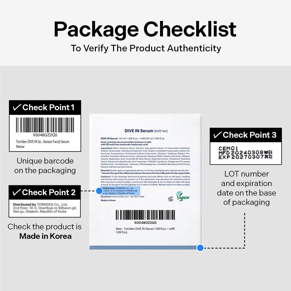 Torriden DIVE IN Serum packaging front view communicates safety with factory seals.