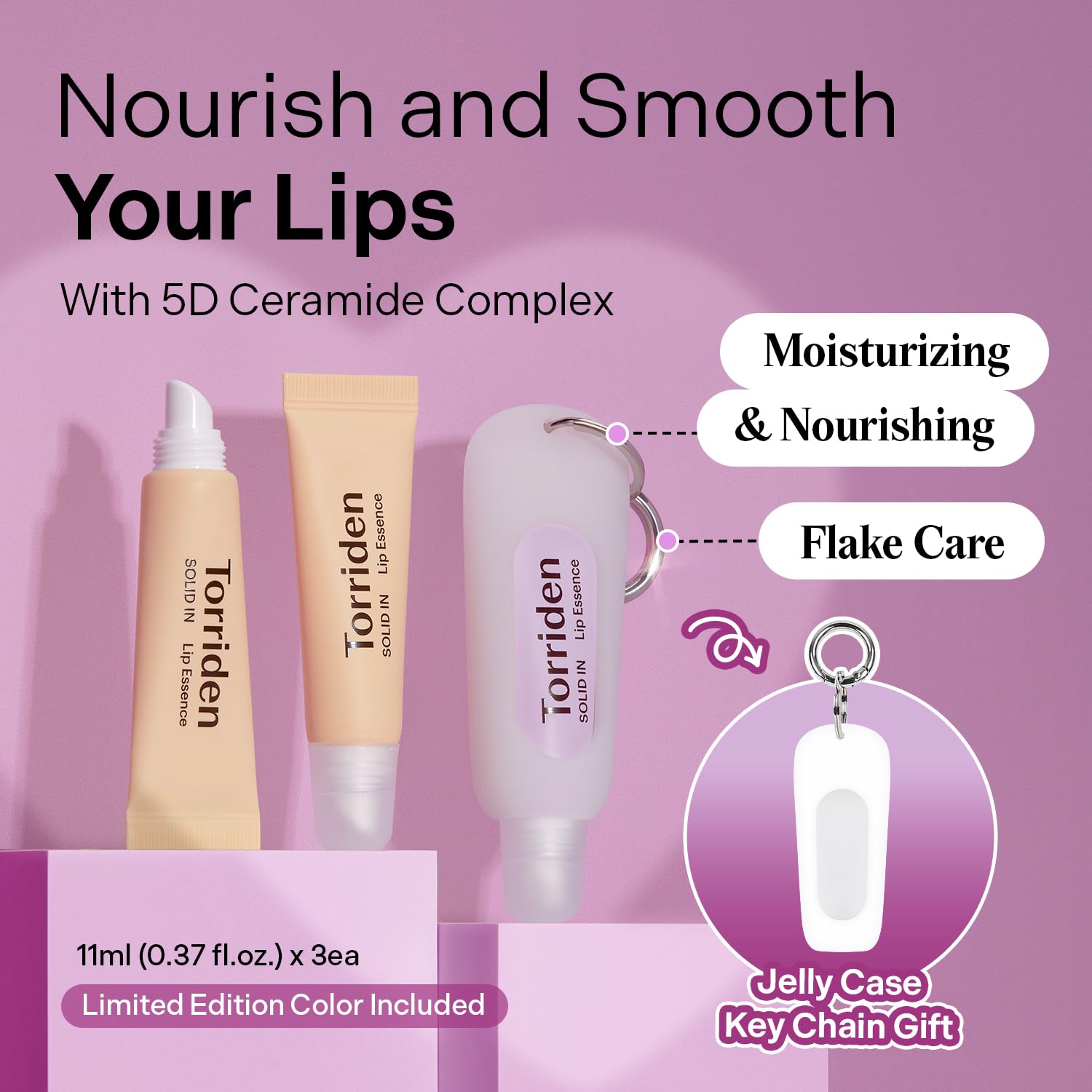 Torriden lip essence packaging box highlights vegan formula and eco-friendly materials.