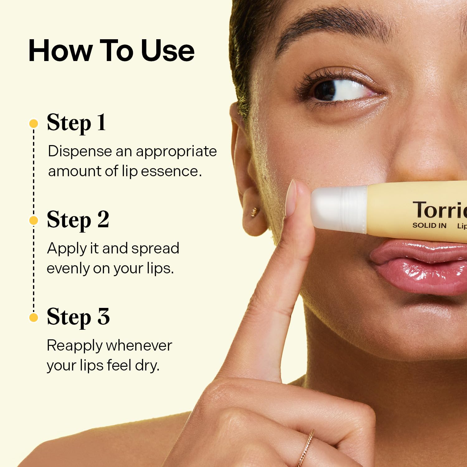 Vegan clean beauty label on Torriden lip essence tube.