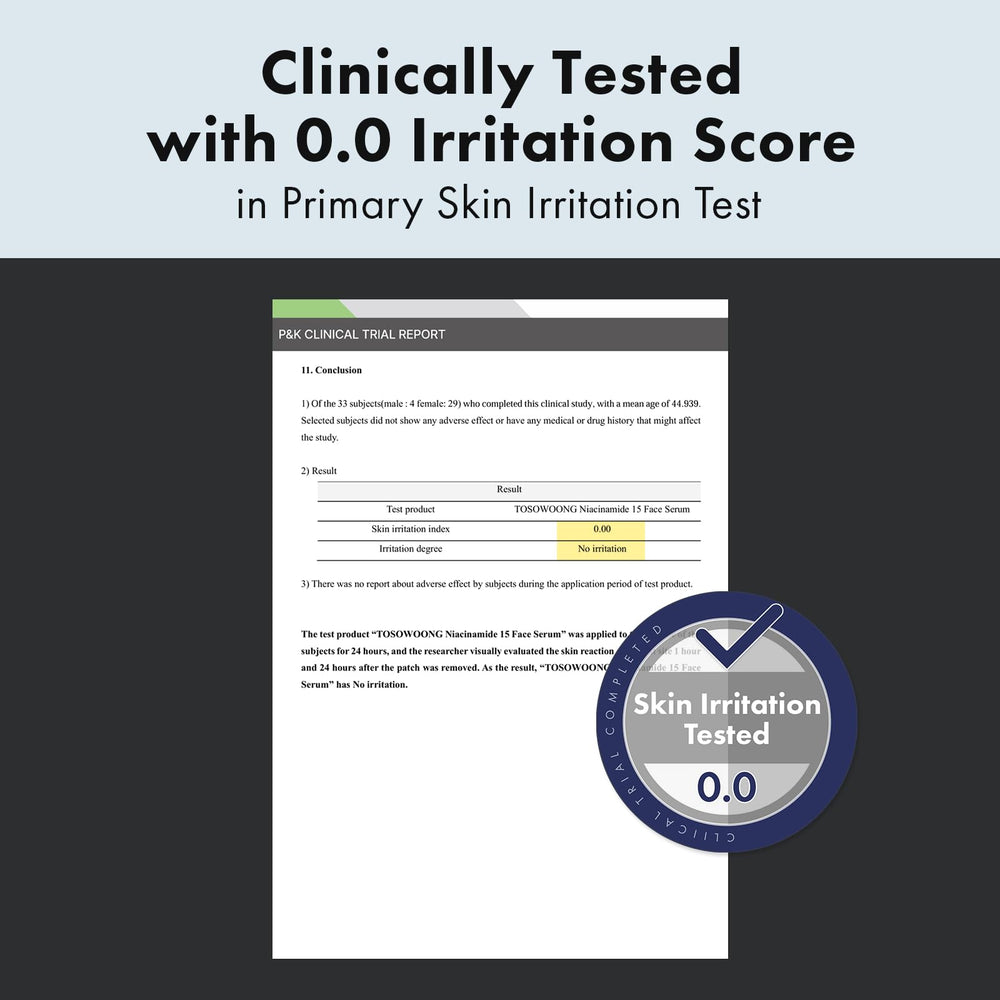 TOSOWOONG Niacinamide 15% serum ingredients graphic highlights key actives
