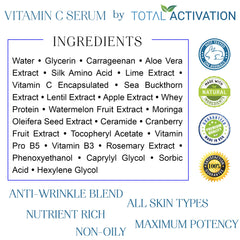 Total Activation Serum ingredients map highlighting aloe vera and vitamin E