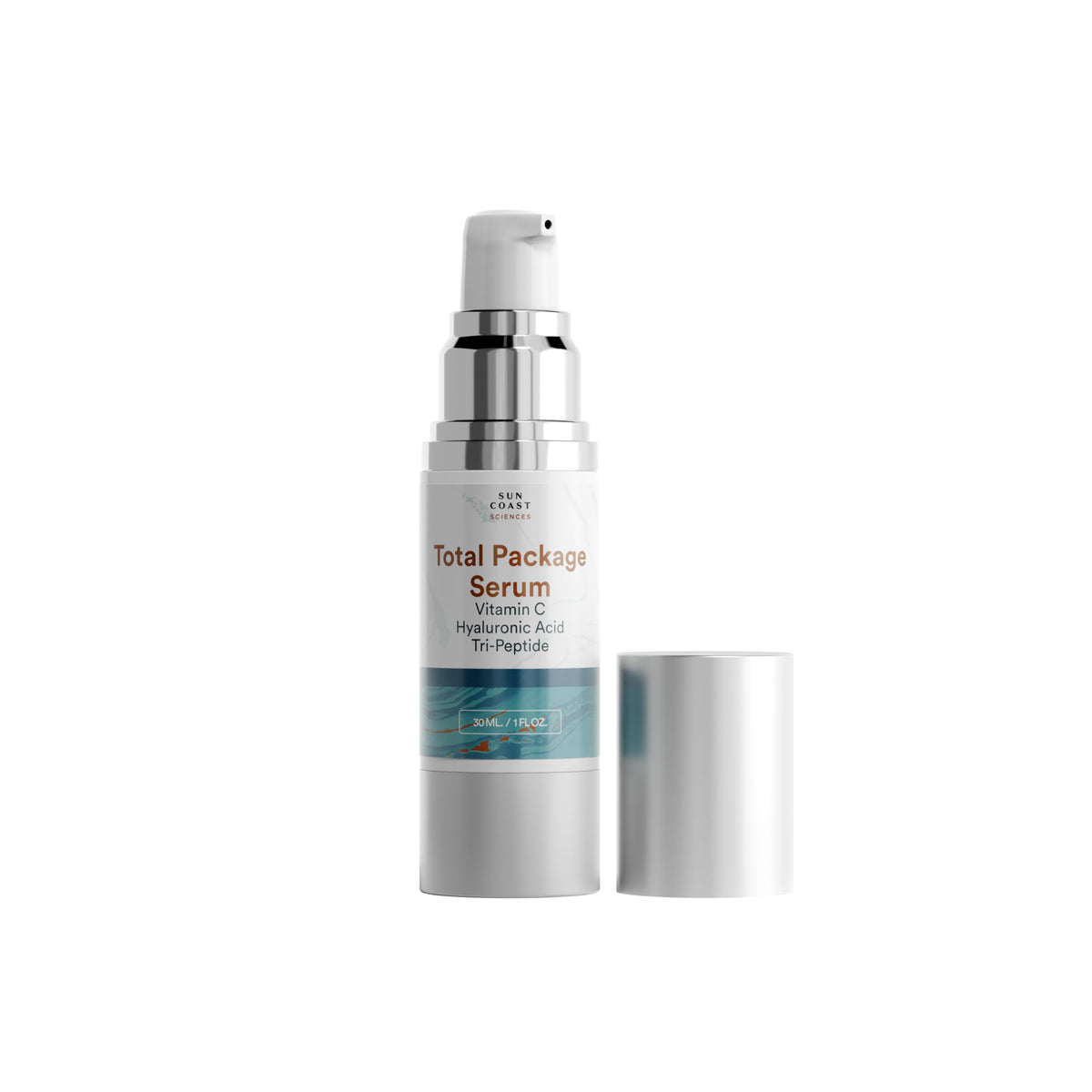 Total Package Serum bottle with vitamin C and hyaluronic acid for brightening and hydration.