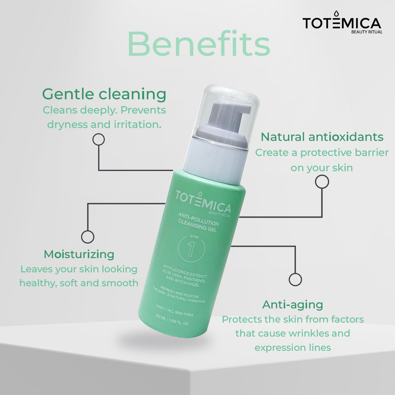 Totemica facial cleanser bottle label featuring panthenol for hydration